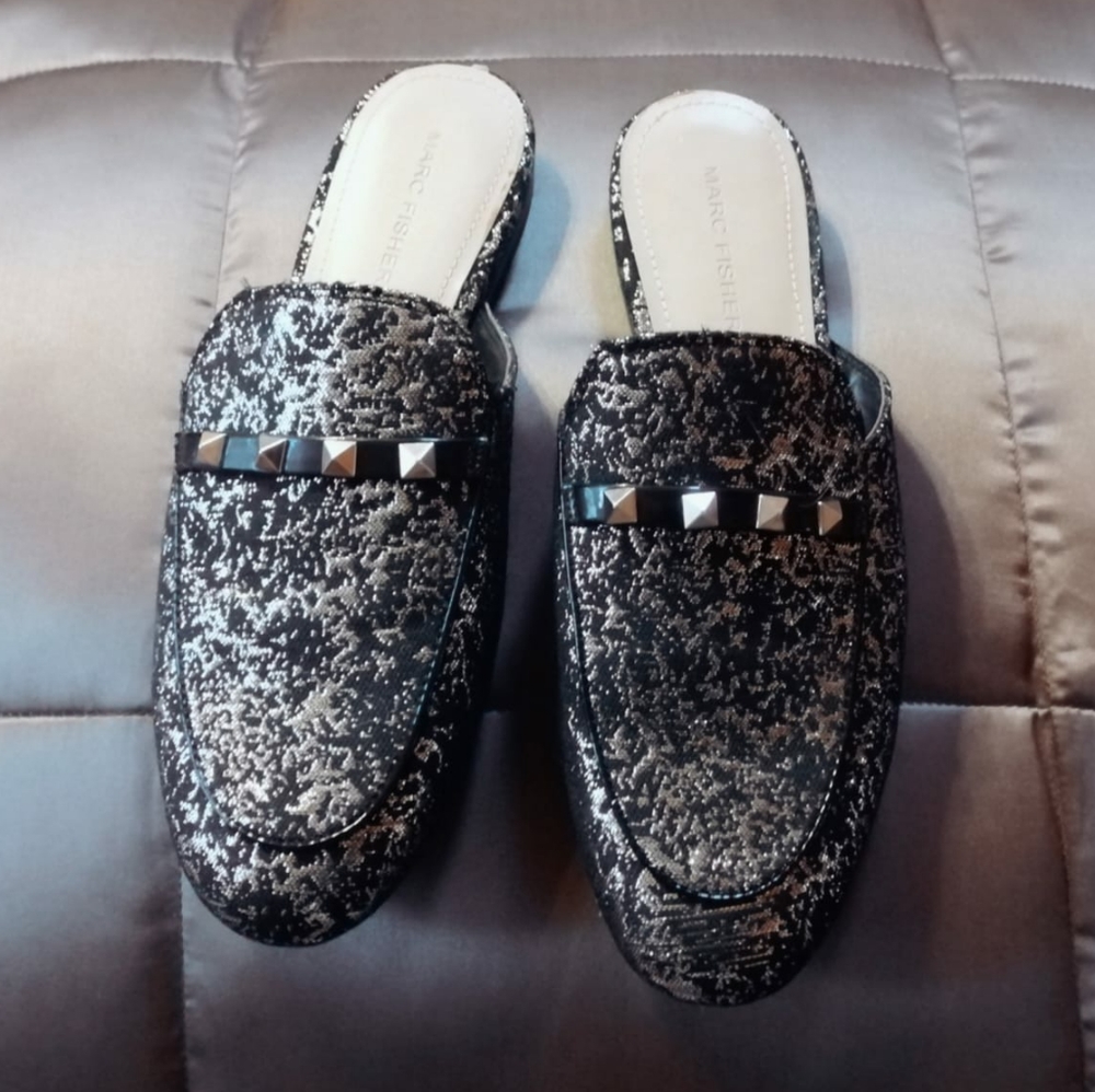 Marc Fisher Black and Silver Mules